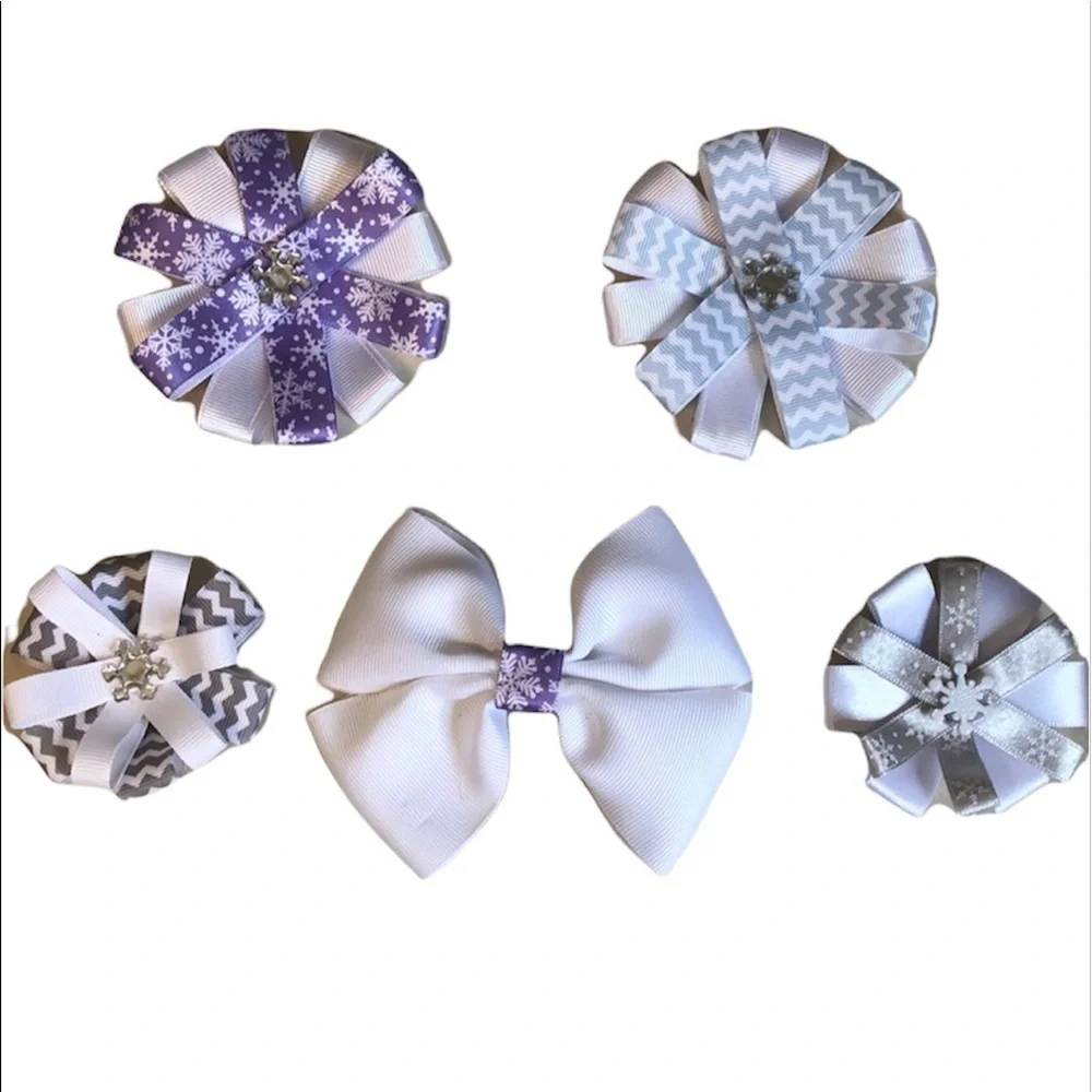 2/$15 5-Piece Snowflake Bow Hair Accessories | Winter Hair Clips | Girls
